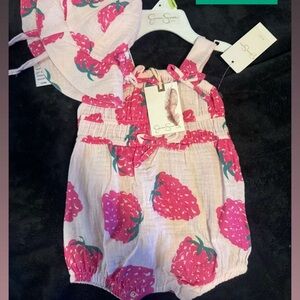 Pink Strawberry Baby Romper and Hat Set